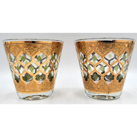 2 Culver Old Fashioned Valencia Blown Glass Bar Tumbler 22 Karat Gold 1960's - Picture 1 of 8
